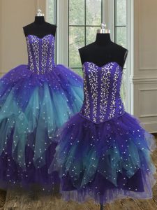 Three Piece Sleeveless Floor Length Beading and Ruffles and Sequins Lace Up 15 Quinceanera Dress with Multi-color