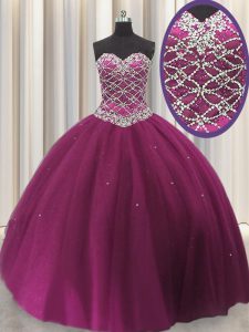 Lovely Sleeveless Tulle Floor Length Lace Up Vestidos de Quinceanera in Fuchsia with Beading and Sequins