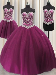 Three Piece Tulle Sweetheart Sleeveless Lace Up Beading and Sequins Sweet 16 Dresses in Fuchsia