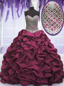 Best Burgundy Ball Gowns Sweetheart Sleeveless Taffeta Floor Length Lace Up Beading and Sequins and Pick Ups 15 Quincean