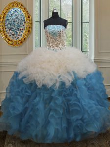 Blue And White Ball Gowns Organza Strapless Sleeveless Beading and Ruffles Floor Length Side Zipper 15 Quinceanera Dress