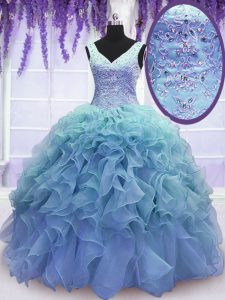 Pretty Blue V-neck Neckline Beading and Embroidery and Ruffles Vestidos de Quinceanera Sleeveless Lace Up