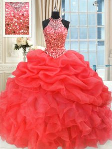 Pick Ups Ball Gowns 15 Quinceanera Dress Coral Red High-neck Organza Sleeveless Floor Length Lace Up