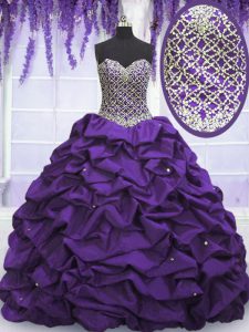 Customized Sweetheart Sleeveless 15 Quinceanera Dress Floor Length Beading and Sequins and Pick Ups Eggplant Purple Taff