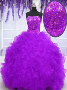 Eggplant Purple Ball Gowns Beading and Appliques and Ruffles Vestidos de Quinceanera Lace Up Organza Sleeveless With Tra