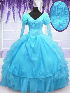 Floor Length Baby Blue Quinceanera Gown Organza Long Sleeves Embroidery