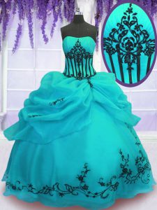 Suitable Turquoise Strapless Neckline Embroidery Sweet 16 Quinceanera Dress Sleeveless Lace Up
