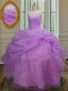 Free and Easy Pick Ups Ball Gowns Quinceanera Dress Lilac Strapless Organza Sleeveless Floor Length Lace Up