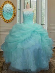 Sumptuous Aqua Blue Strapless Neckline Embroidery and Pick Ups Sweet 16 Dresses Sleeveless Lace Up