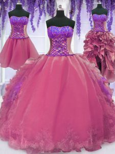 Custom Designed Four Piece Pink Lace Up Strapless Embroidery and Ruffles Quince Ball Gowns Organza Sleeveless