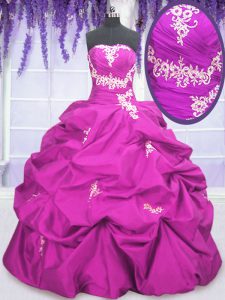Attractive Taffeta Strapless Sleeveless Lace Up Appliques and Pick Ups Sweet 16 Dress in Fuchsia