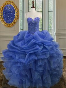 Beading and Ruffles Sweet 16 Quinceanera Dress Blue Lace Up Sleeveless Floor Length