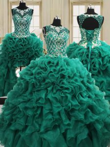 Four Piece Scoop Dark Green Sleeveless Floor Length Beading and Ruffles Lace Up Quinceanera Dresses