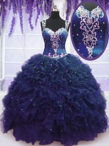 Straps Sleeveless Tulle Floor Length Zipper Quinceanera Dresses in Navy Blue with Beading and Ruffles