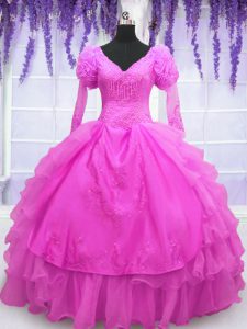 Delicate Hot Pink Ball Gowns Beading and Embroidery and Hand Made Flower Quinceanera Dresses Lace Up Organza Long Sleeve