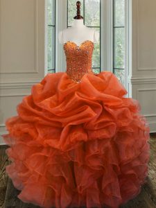 Floor Length Lace Up 15 Quinceanera Dress Orange Red for Military Ball and Sweet 16 and Quinceanera with Beading and Ruf