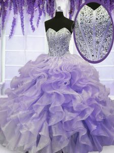 Fantastic Lavender Sleeveless Organza Lace Up Quinceanera Gown for Military Ball and Sweet 16 and Quinceanera