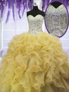 Great Sleeveless Organza Floor Length Lace Up Quinceanera Gowns in Gold with Beading and Ruffles