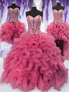 Four Piece Sleeveless Floor Length Ruffled Layers and Sequins Lace Up Ball Gown Prom Dress with Pink