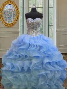 Customized Blue Ball Gowns Sweetheart Sleeveless Organza Floor Length Lace Up Beading and Ruffles Quinceanera Gown