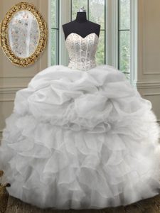 Lovely White Organza Lace Up Sweetheart Sleeveless Floor Length Quinceanera Dresses Beading and Ruffles and Pick Ups