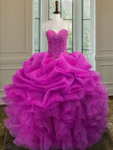 Luxury Fuchsia Ball Gowns Sweetheart Sleeveless Organza Floor Length Lace Up Beading and Ruffles Quinceanera Gowns
