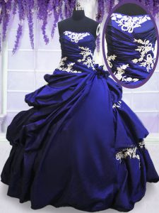 Customized Blue Ball Gowns Appliques and Pick Ups Quinceanera Gown Lace Up Taffeta Sleeveless Floor Length