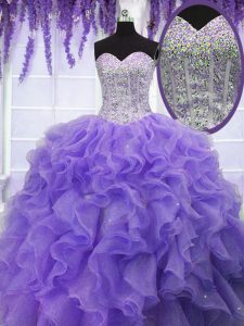 Lavender Ball Gowns Ruffles and Sequins Sweet 16 Dresses Lace Up Organza Sleeveless Floor Length