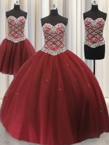 Three Piece Tulle Sweetheart Sleeveless Lace Up Beading and Sequins Ball Gown Prom Dress in Burgundy