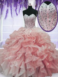 New Arrival Watermelon Red Ball Gowns Sweetheart Sleeveless Organza Floor Length Lace Up Beading and Ruffles Ball Gown P