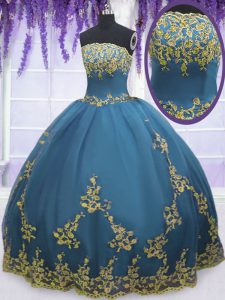 Flirting Teal Sweet 16 Dress Military Ball and Sweet 16 and Quinceanera and For with Lace and Appliques Strapless Sleeve