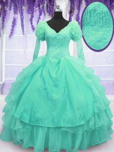 Floor Length Turquoise Sweet 16 Quinceanera Dress Organza Long Sleeves Beading and Embroidery and Hand Made Flower