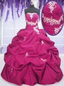 Stunning Pick Ups Floor Length Fuchsia Quinceanera Gowns Strapless Sleeveless Lace Up