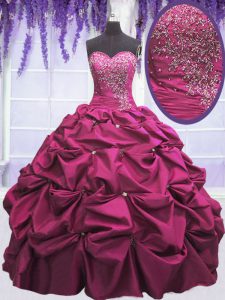 Fuchsia Taffeta Lace Up Sweetheart Sleeveless Floor Length Vestidos de Quinceanera Beading and Appliques and Pick Ups