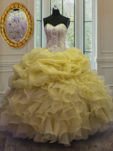 Fine Organza Sleeveless Floor Length Quinceanera Gowns and Beading and Ruffles and Pick Ups