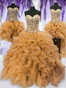 Four Piece Gold Ball Gowns Sweetheart Sleeveless Organza Floor Length Lace Up Beading and Ruffles 15 Quinceanera Dress