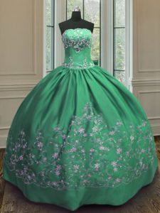 Green Quinceanera Gowns Military Ball and Sweet 16 and Quinceanera and For with Embroidery Strapless Sleeveless Lace Up
