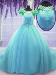 Charming Tulle Scoop Short Sleeves Court Train Lace Up Hand Made Flower Quince Ball Gowns in Blue