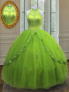 High-neck Sleeveless Lace Up Sweet 16 Dress Yellow Green Tulle