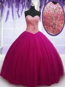 Hot Selling Sleeveless Tulle Floor Length Lace Up 15 Quinceanera Dress in Hot Pink with Beading