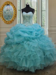 Modern Organza Sweetheart Sleeveless Lace Up Beading and Pick Ups Quinceanera Gown in Baby Blue