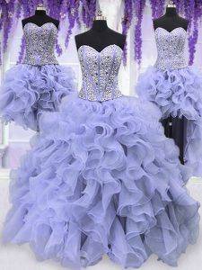 Four Piece Lavender Lace Up 15th Birthday Dress Ruffles and Sequins Sleeveless Floor Length