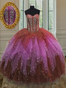 Fantastic Sleeveless Floor Length Beading and Ruffles and Sequins Lace Up Ball Gown Prom Dress with Multi-color