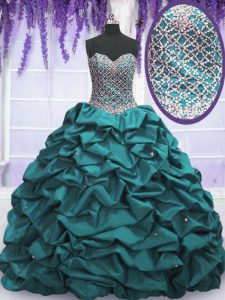 Excellent Teal Sleeveless Floor Length Beading and Sequins and Pick Ups Lace Up 15 Quinceanera Dress