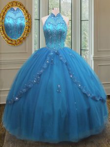 Cheap Blue High-neck Lace Up Beading and Appliques Quinceanera Dress Sleeveless