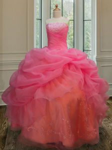 Pink Lace Up Strapless Embroidery and Pick Ups Quince Ball Gowns Organza Sleeveless