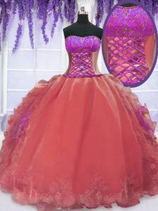 Watermelon Red Strapless Neckline Embroidery and Ruffles 15 Quinceanera Dress Sleeveless Lace Up