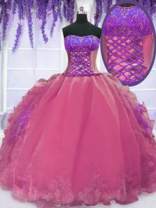 Colorful Hot Pink Sleeveless Organza Lace Up Quinceanera Dresses for Military Ball and Sweet 16 and Quinceanera