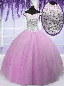 Latest Off the Shoulder Floor Length Lilac Quinceanera Dresses Tulle Short Sleeves Beading