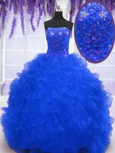 Wonderful Royal Blue Lace Up Strapless Beading and Ruffles Quinceanera Gown Organza Sleeveless Brush Train